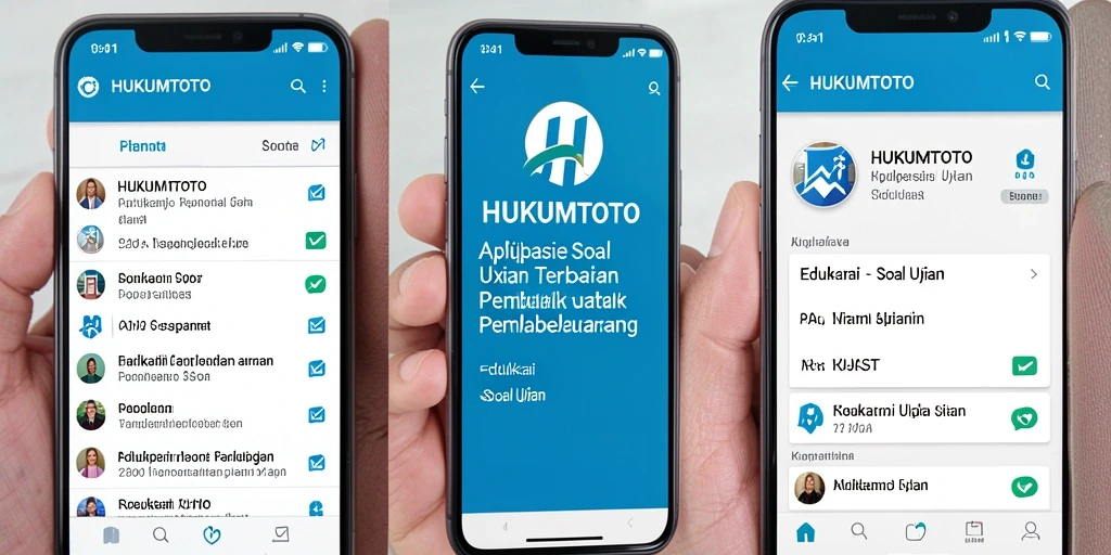 Antarmuka pengguna HUKUMTOTO menampilkan berbagai soal uji dengan cara yang menarik.